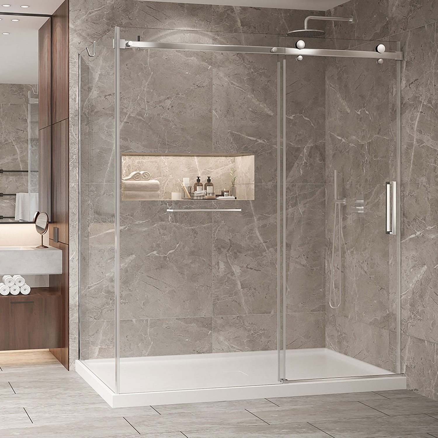 Shower door 72" x 42", in a corner closing on wall, wall on the right ...